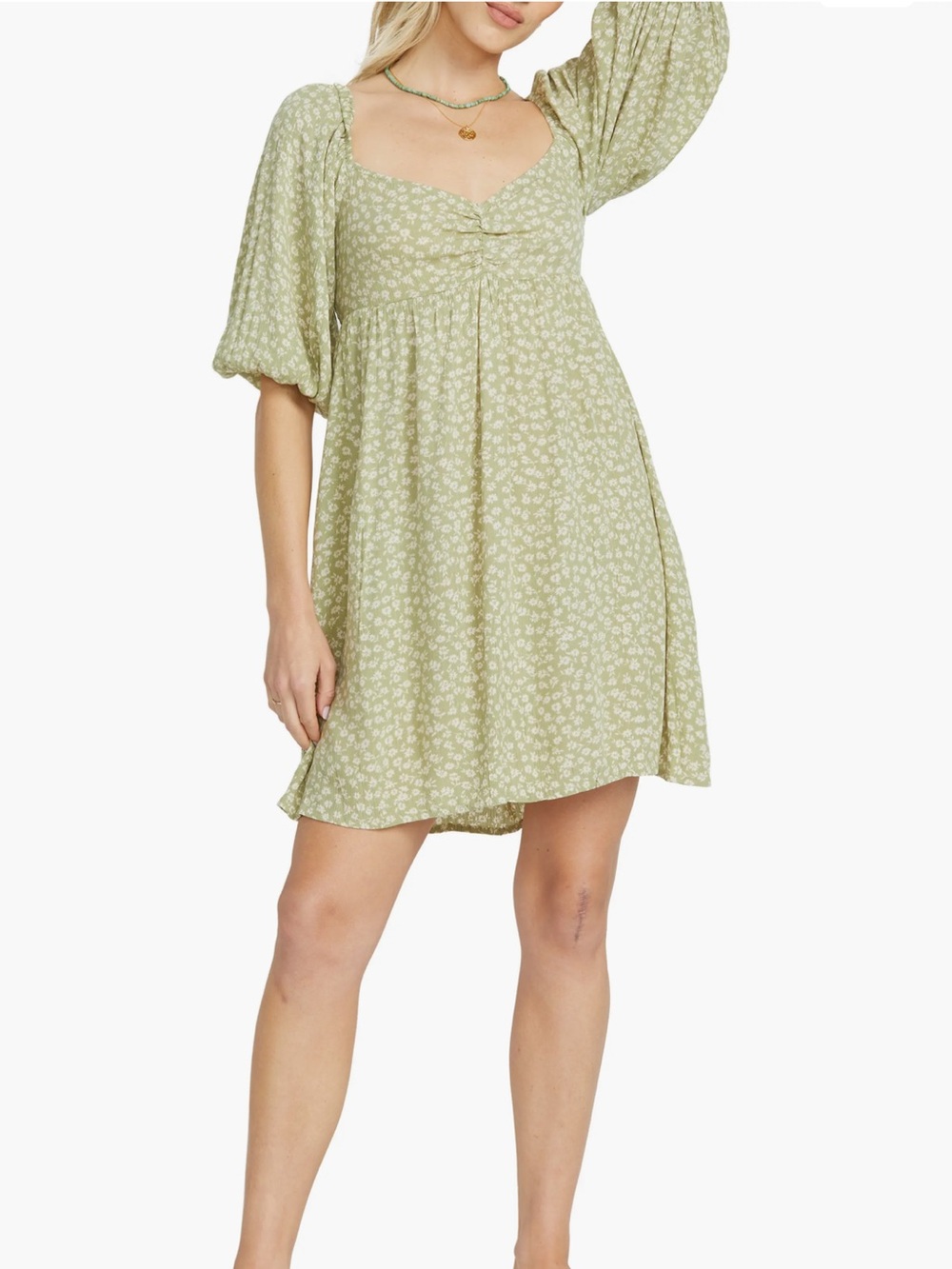 NWT Billabong Ray of Sun Floral Puff Sleeve Dress Green XS